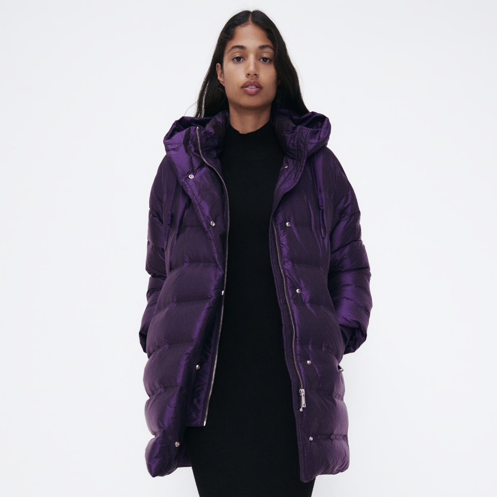 NWT Zara Metallic Purple Down Puffer Jacket Coat XS Apres Ski Gorp